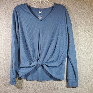 SO Blue Junior's Small Knot Front Long Sleeve Top